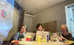 three people sit behind laptops, looking at them. The image is a photo of a meeting happening online. .